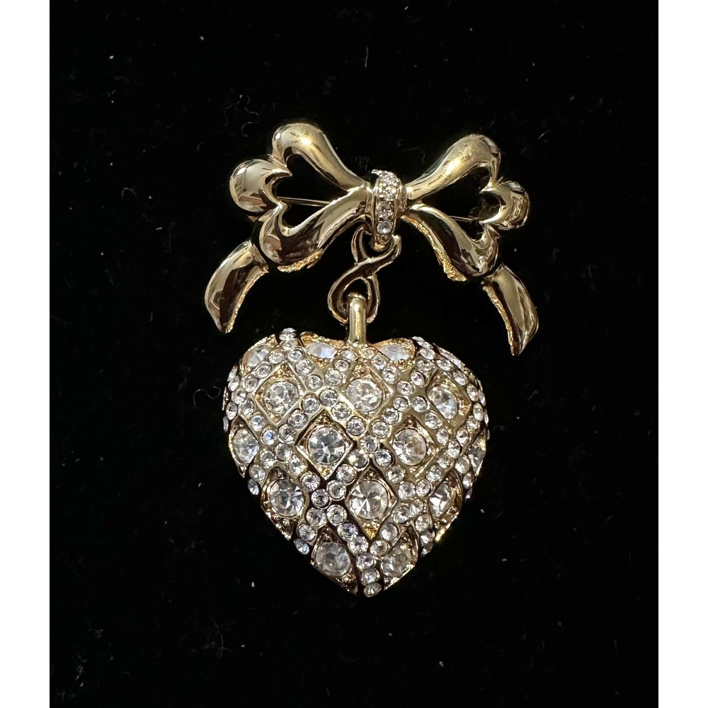 Monet Heart & Bow Brooch Pin Gold & Crystal Valentine